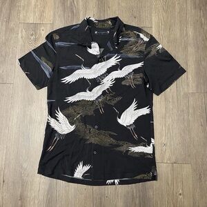 All Saints Black Short-Sleeve Crane Print Button-Up Shirt